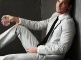 a dove grey pantsuit, a white shirt, a black skinny tie are a nice combo for a spring or summer celebration and the tie adds interest to the look