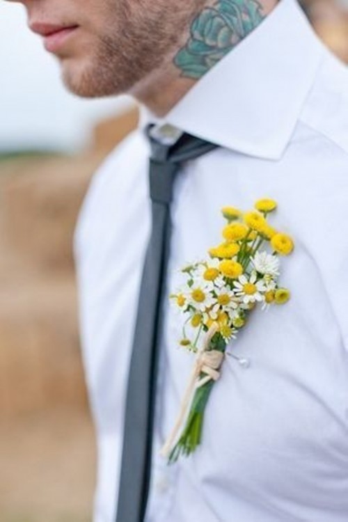 a white shirt, a black skinny tie and a colorful floral boutonniere are a nice idea for spring or summer