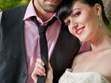 a pink shirt, a grey waistcoat and a black skinny tie are a cool and bold idea for a non-formal wedding