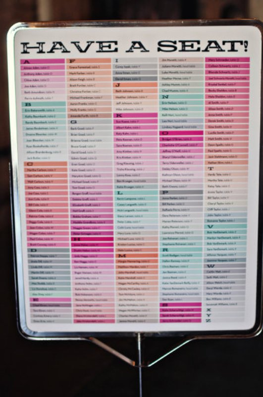 A colorful ombre alphabet wedding seating chart is a fun and bright idea