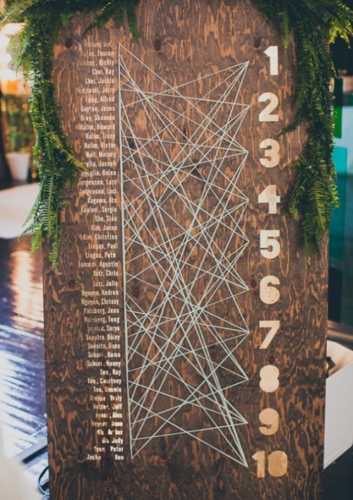 a plywood and string art seating chart with numbers and names is a very creative and fun idea - let each guest find the place