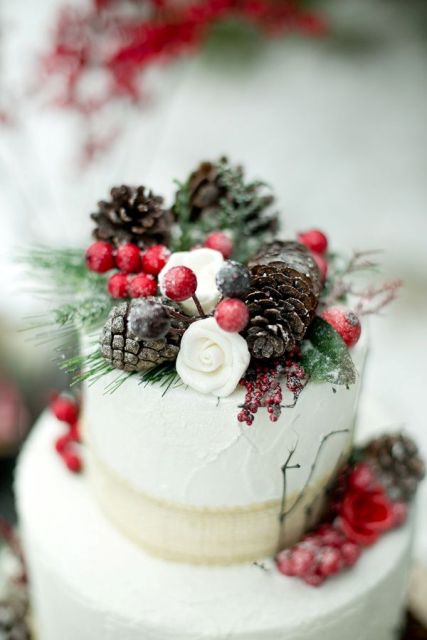 a white textural wedding cake topped with evergreens, pinecones, berries and white blooms looks pretty and rustic