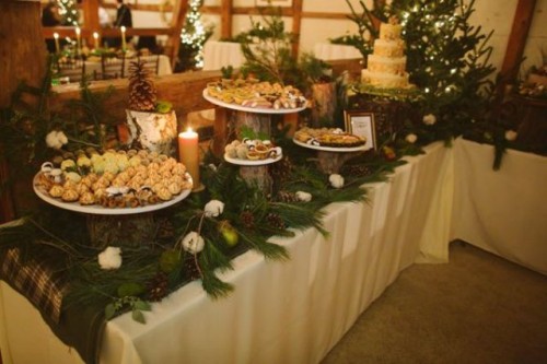 style your food stations and drink bars with ornaments, evergreens and pinecones