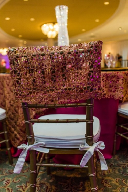 a gold and white chair with a bright sequin cover is a refined and chic idea for a wedding, a Moroccan or some other
