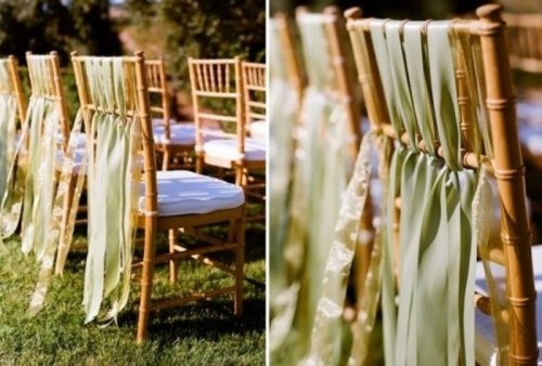 sage green fabric ribbons on gold chairs are an amazing and chic idea for a wedding, they create a dreamy and stylish look