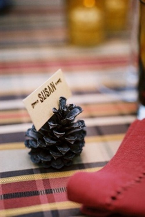pinecones with cards are nice escort cards for a fall or winter woodland wedding