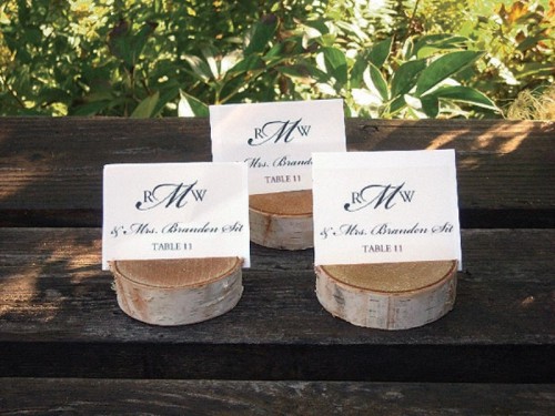 wooden slices with escort cards are nice for a rustic or woodland wedding