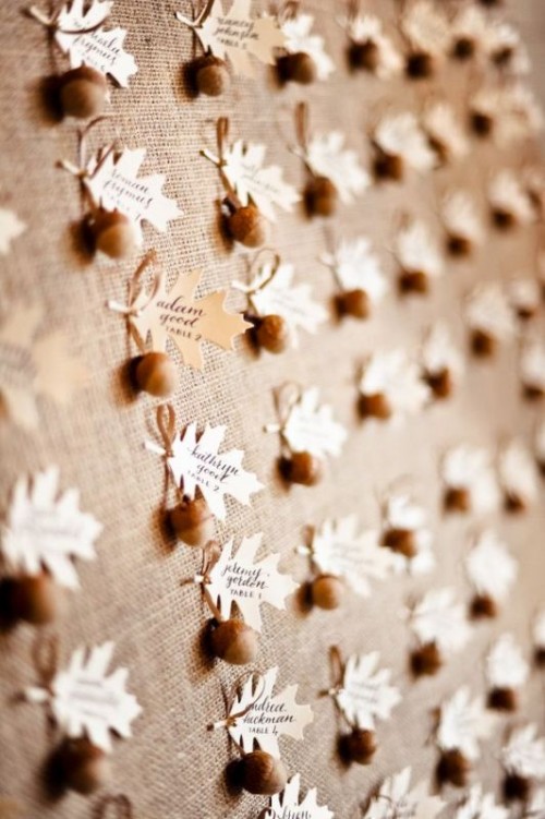 felt acorns with cards are very lovely escort cards that you cna easily make yourself for the wedding