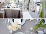 a stylish table setting with a grey tablecloth, silver tableware and navy napkins plus neutral blooms