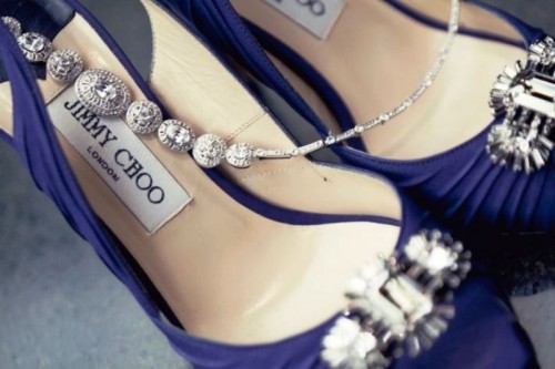 navy Jimmy Choo shoes with silver embellishments and matching silver jewelry for the bride and bridesmaids