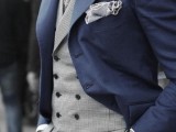 a super elegant groom’s look with a morning suit – a navy jacket, a grey suit, a white shirt and a printed tie