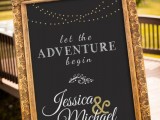 a chalkboard sign with calligraphy in a very chic and refined gilded frame is a lovely idea for an exquisite wedding