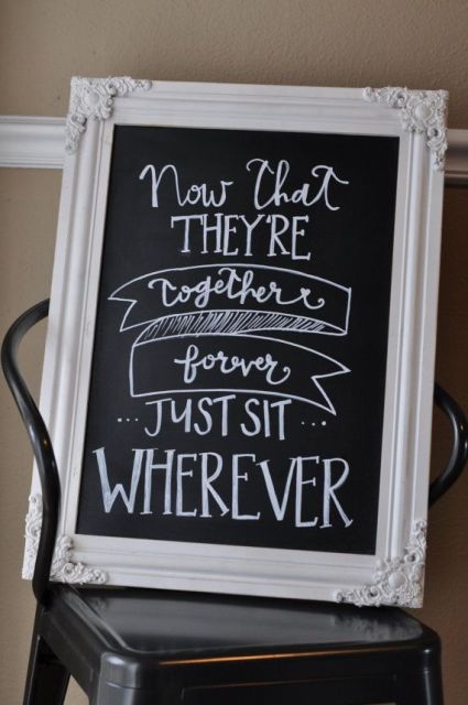a black chalkboard sign in a vintage white frame will fit a vintage or rustic wedding, and you can DIY it