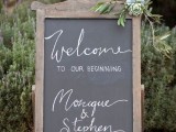 a chalkboard wedding sign decorated with greenery is a lovely idea for a relaxed wedding,  you can DIY it