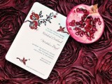 a painted pomegranate wedding invitation with leaves is a beautiful and bold solution for a bright wedding in the fall