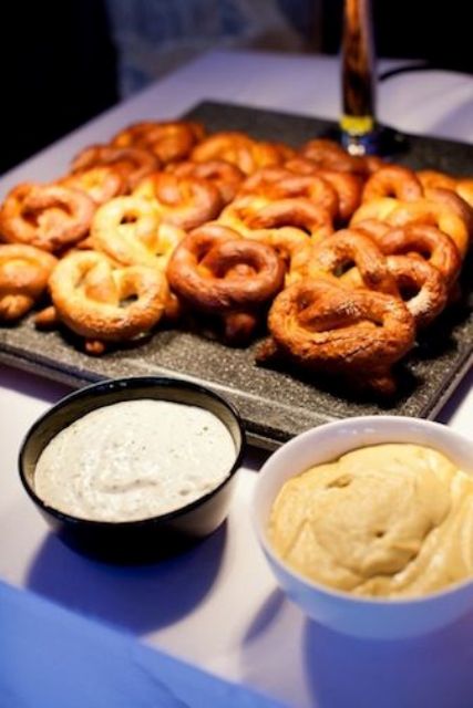 pretzels with various kinds of dip are a delicious and traditional idea