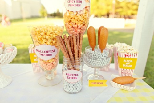 popcorn, pretzel sticks, corn dogs will please the crowd as these are popular snacks