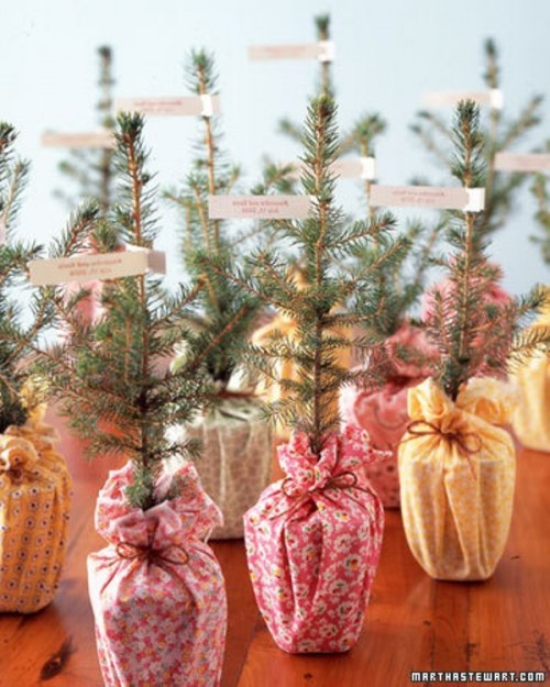 mini Christmas trees in bright fabric can be given to grow the love, this is a cool idea for a holiday wedding