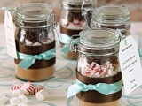 jars with s’mores and hoto chocolate mixes,w ith tags and ribbons are very tasty and very warming up