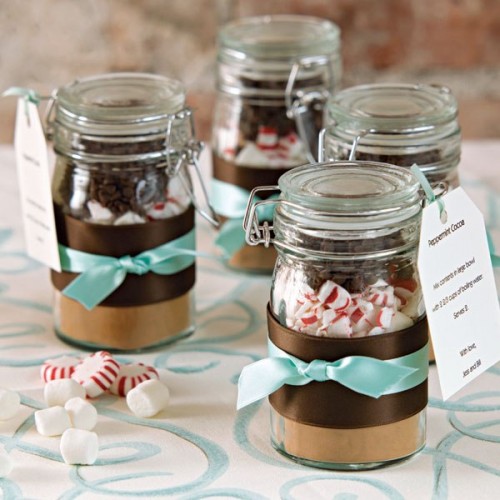jars with s'mores and hoto chocolate mixes,w ith tags and ribbons are very tasty and very warming up