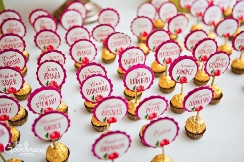 Ferrero Rocher chocolates with toppers are great as escort cards and wedding favors at the same time