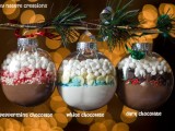 sheer glass wedding favors filled with hot cocoa mix are delicious and very cute-looking, make them yourself