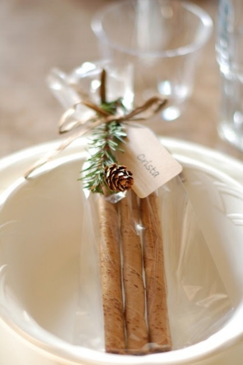 cinnamon sticks, pinecones, evergreens and tags as cool and simple wedding favors with a great aroma