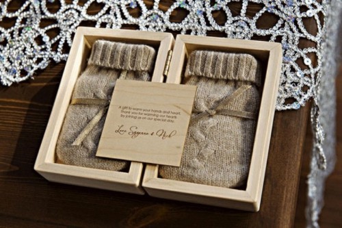 mittens in boxes are very cozy and very cool Christmas or just winter wedding favors