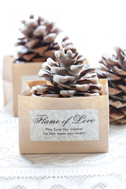 pinecone firestarters in paper boxes are fantastic as fall or winter wedding favors and are cool for embracing the season