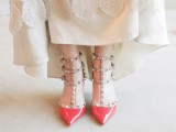 red wedding shoes with spiked straps are amazing to look chic and bold, to add color and interest to the outfit
