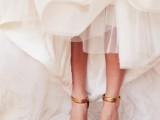 minimalist yet bold purple platform wedding shoes with gold ankle straps are amazing to add color and interest to your look