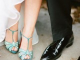 vintage green wedding shoes with glitter touches and T straps are amazing for a vintage bridal look, to add a touch of color
