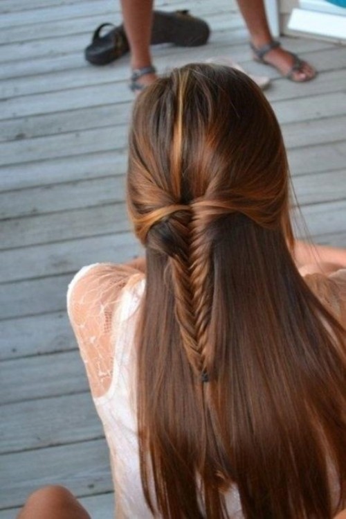 a stylish and cool wedding half updo with a fishtail braid and straight hair down is a cool solution for a boho bride