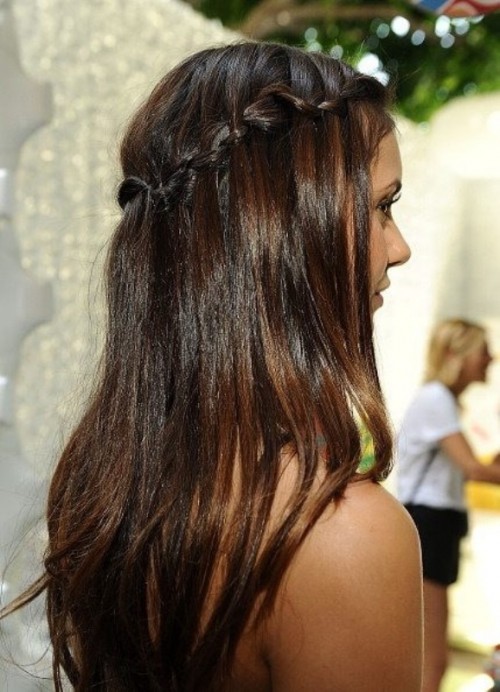 dark brown hair with caramel balayage and a braided halo is a very chic and cool idea for a boho or rustic bridal look