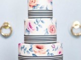 a pastel floral wedding cake with black and white stripes is a stylish idea inspired by vintage