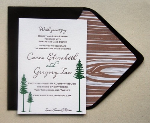 a black envelope with wood grain lining and an invitation with tree prints is a cool idea for a winter wedding