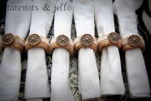 burlap napkin rings with large vintage embellishments are amazing to accent your tablescape and make it super chic and cool