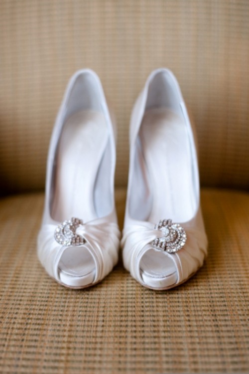 classic white peep toe wedding shoes with draping and rhinestones are amazing for a traditional or classic bridal look