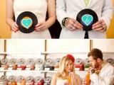 fun retro-inspired looks with a neutral suit, a green shirt and a red bow tie, a strapless lace fitting wedding dress