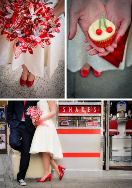 a short high low strapless wedding dress and red shoes are amazing for creating a retro bridal look