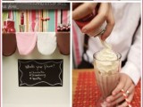 a pastel milkshake bar with candies and various kinds of toppings, straws and other necessary stuff