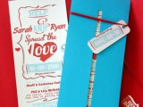 bright blue, red and white wedding invitations are perfect for invitign to a retro wedding