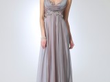 a grey lilac A-line wedding dress with a draped embellished bodice and a pleated skirt for a touch of color and bling