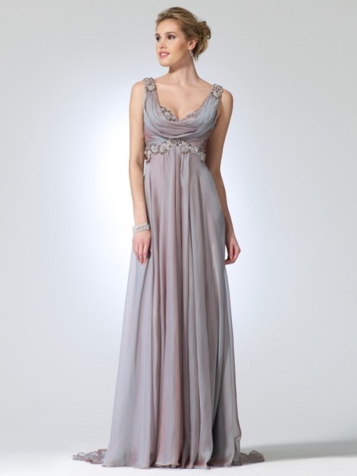 a grey lilac A-line wedding dress with a draped embellished bodice and a pleated skirt for a touch of color and bling