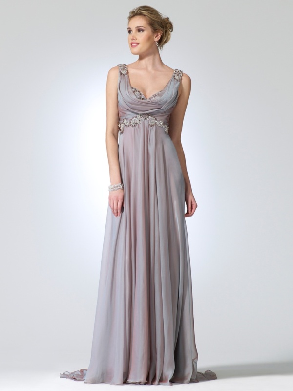 A grey lilac A line wedding dress with a draped embellished bodice and a pleated skirt for a touch of color and bling