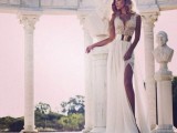a sexy A-line Grecian wedding dress with a lace sleeveless bodice with a plunging neckline and a pleated skirt with a side slit