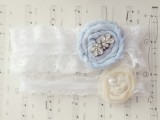 white lace garters with neutral and ice blue fabric blooms and beads look amazing