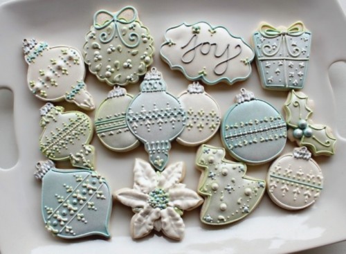 ice blue, white and green Christmas themed wedding cookies for your dessert table