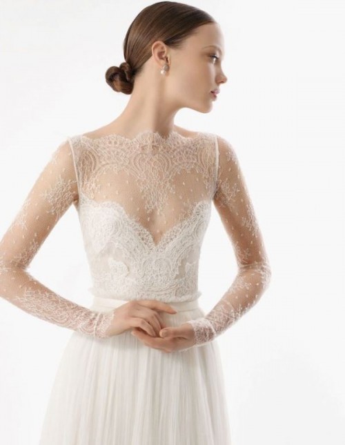 a beautiful lace A-line wedding dress with an illusion neckline, long sleeves and a pleated skirt is a classic and romantic idea