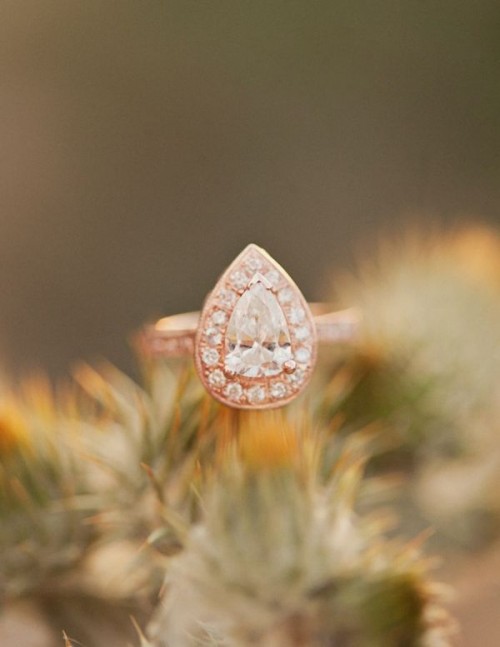 a sophisticated rose gold drop-shaped ring with diamonds is a fantastic piece to wear on your wedding day